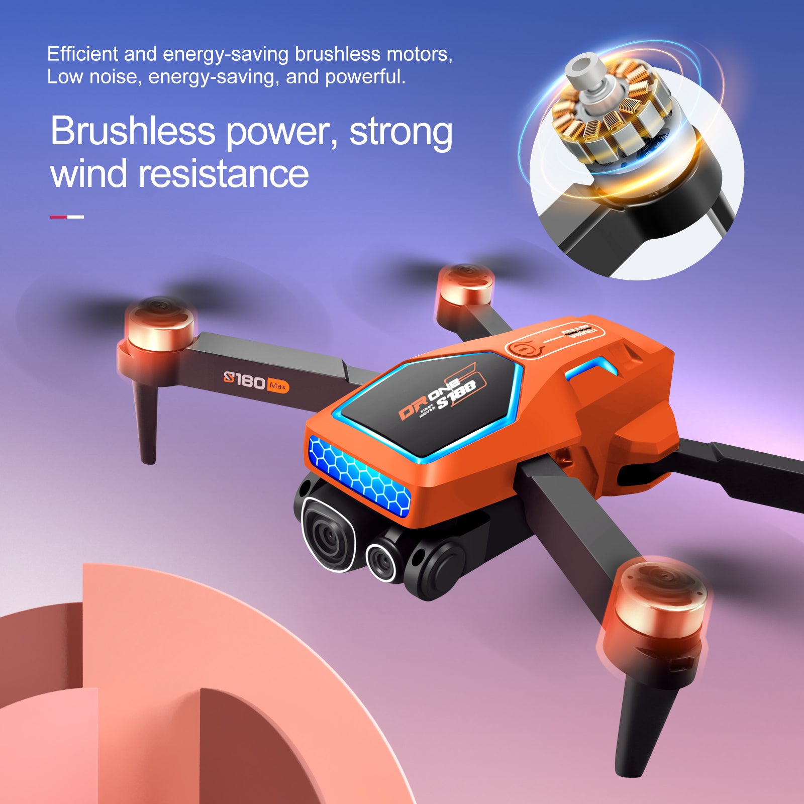 S180 Drone, Advanced drone with quiet brushless motors, energy-efficient design, and robust performance against windy conditions.