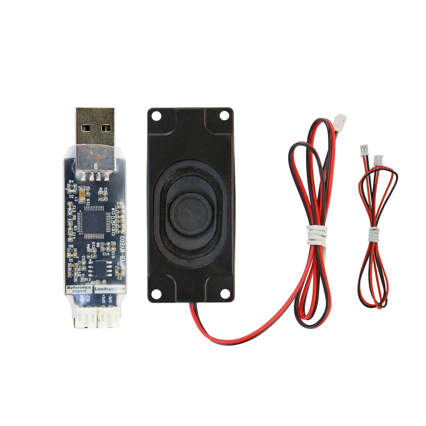 USB Drive-Free Sound Card + 4Ω 3W Speaker kit with USB dongle, speaker module, and cables