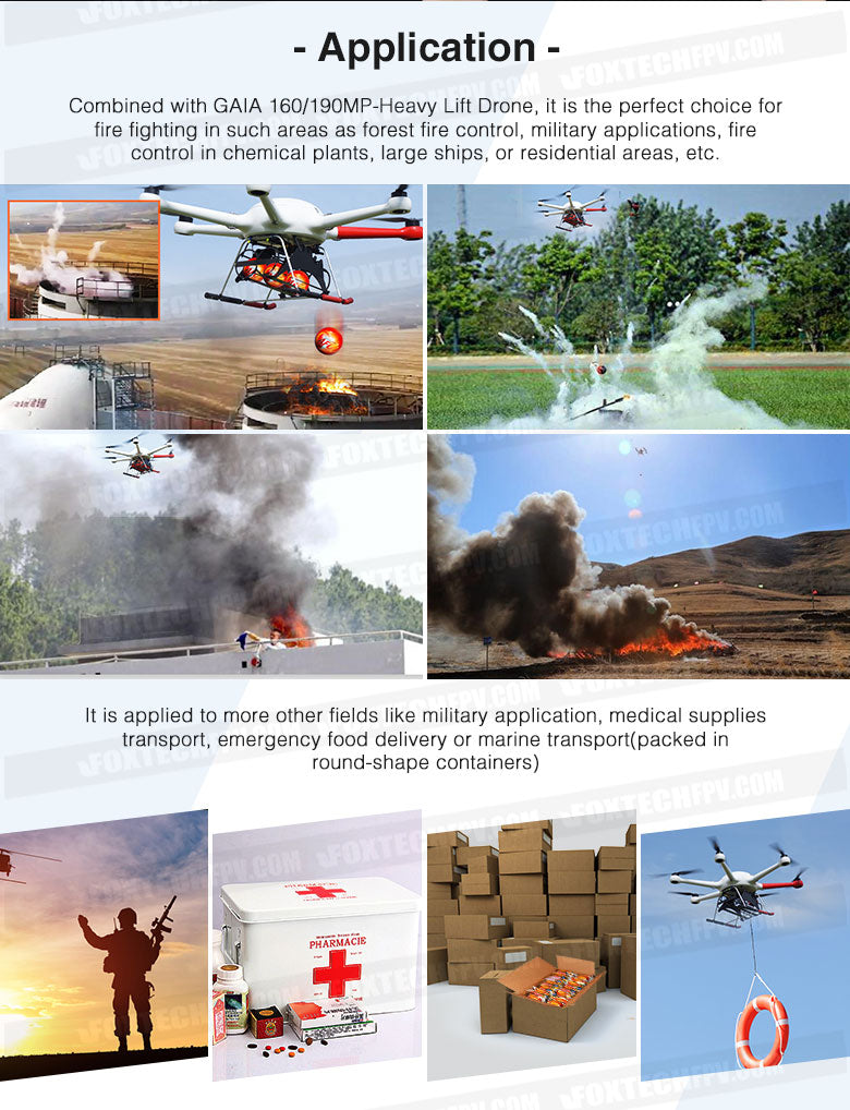 Versatile drone for firefighting, military, and logistics use.