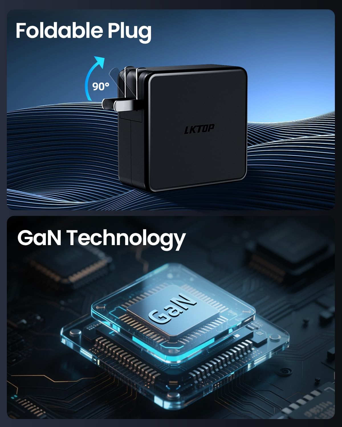 Foldable plug, GaN tech, LKTOP 100W charger with four ports.