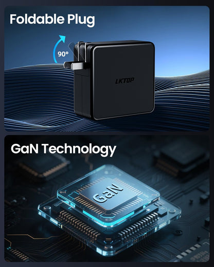 Foldable plug, GaN tech, LKTOP 100W charger with four ports.