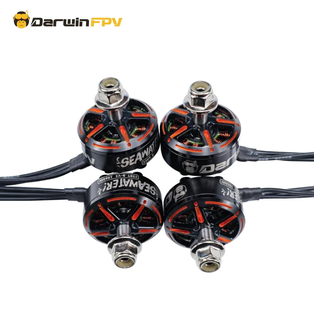 Set of four DarwinFPV SeaWater 2307.5 V3 brushless motors for 5-6 inch FPV drones, top view