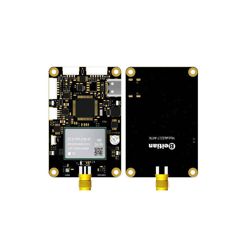 Beitian BG-518 ZED-F9P GNSS RTK positioning module PCB and back plate, top and rear views