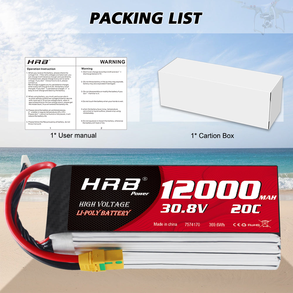 Packing list showing HRB 12000mAh 30.8V battery, user manual and carton box included