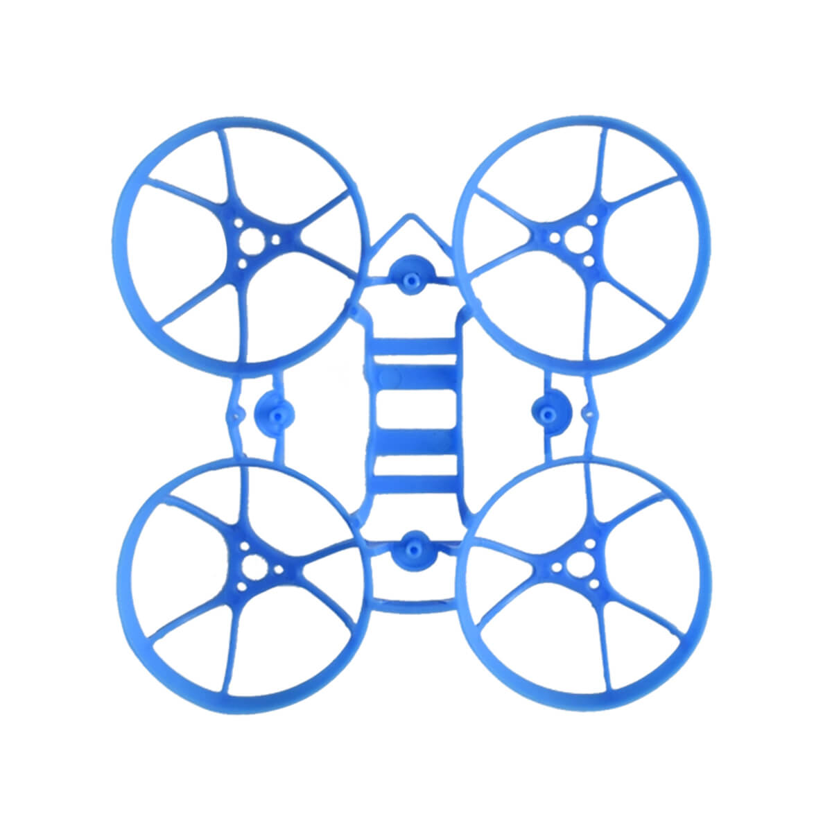 Top view of ducted whoop frame in royal blue, 4 circular prop guards and center mounting bay