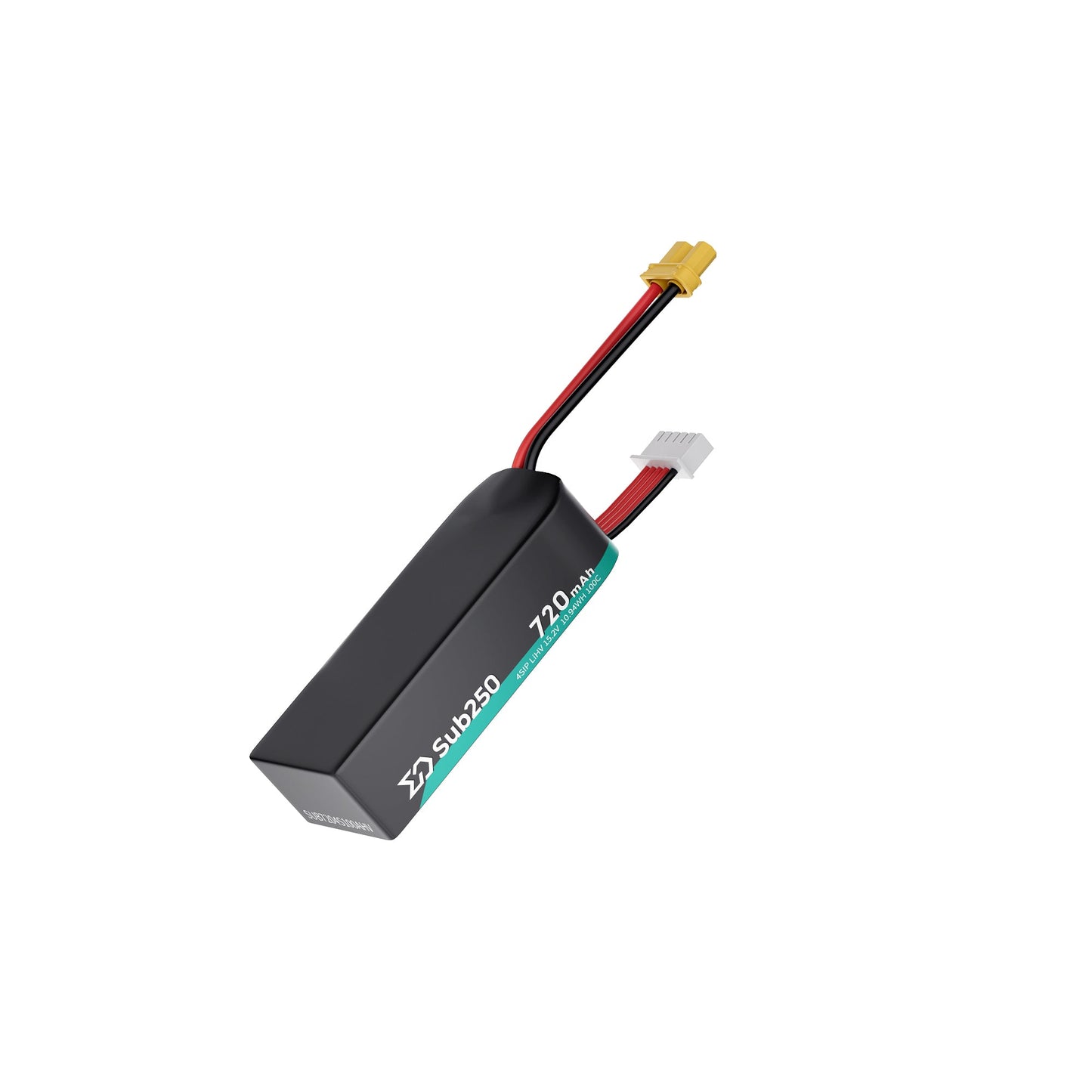 Side view of Sub250 720mAh LiHV battery showing black wrap, power lead and white balance plug