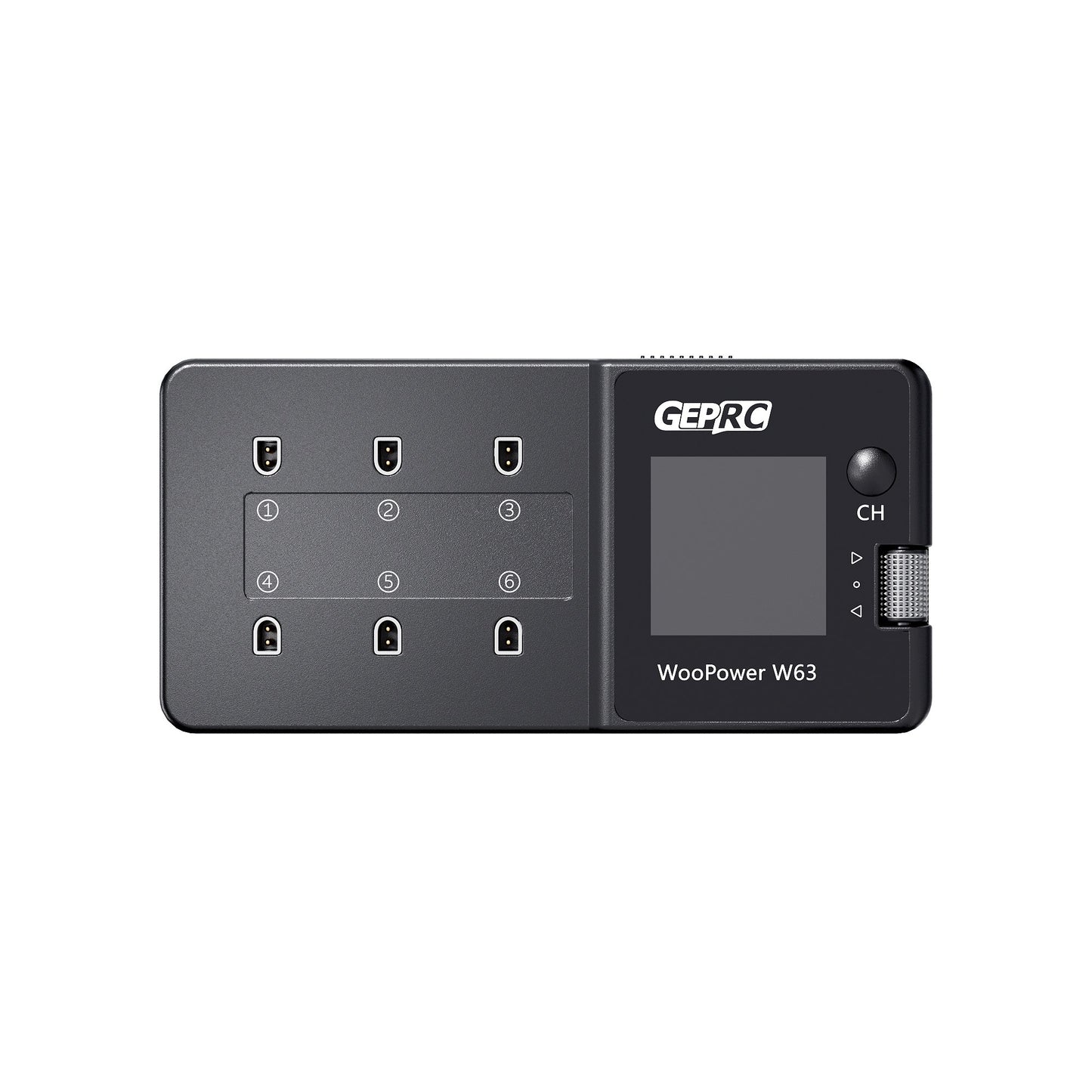 GEPRC WooPower W63 1S Smart Charger – 6 Ports, 3A per Channel, PH2.0/BT2.0/A30, XT60 & USB-C Input, IPS Display