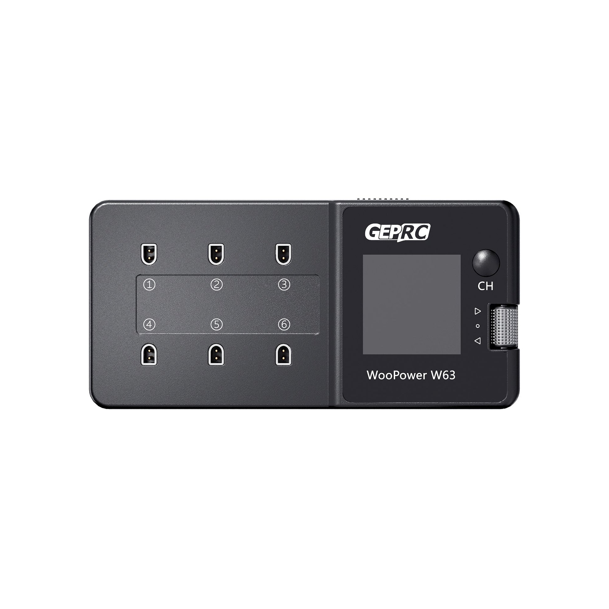 GEPRC WooPower W63 1S Smart Charger – 6 Ports, 3A per Channel, PH2.0/BT2.0/A30, XT60 & USB-C Input, IPS Display
