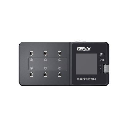 GEPRC WooPower W63 1S Smart Charger – 6 Ports, 3A per Channel, PH2.0/BT2.0/A30, XT60 & USB-C Input, IPS Display