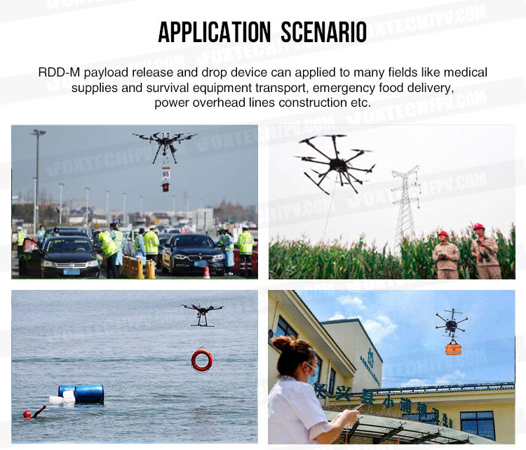 RDD-M 10KG Payload Release and Drop Device 7 RDD-M 10KG Payload Release and Drop, Payload release device for transporting medical supplies, equipment, and food in emergency situations.