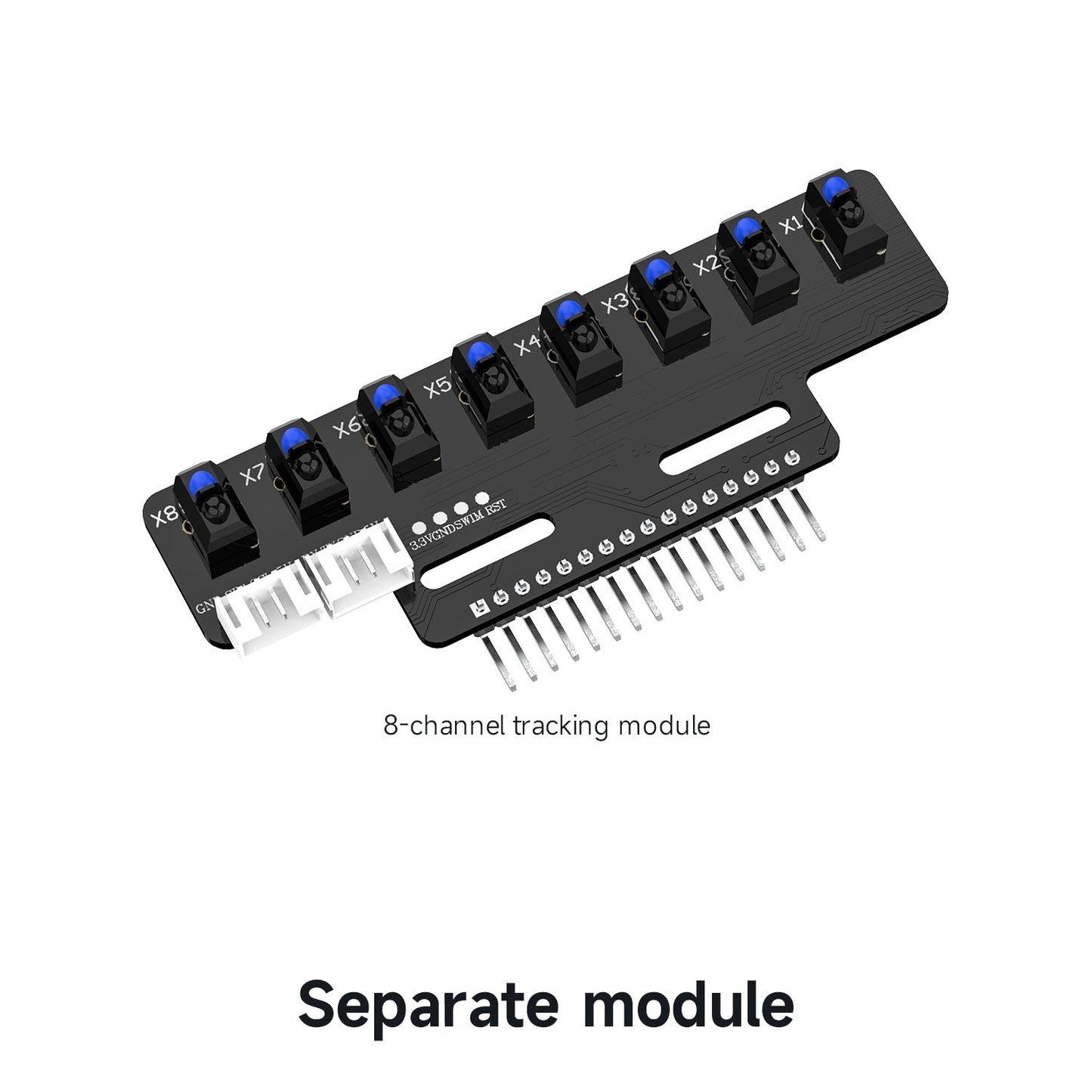 Angled perspective of separate 8-channel tracking module showing sensor array and mounting slots