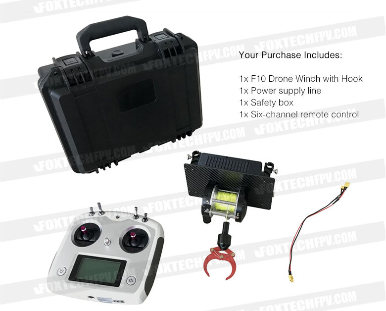 Industrial drone winch kit with 5kg payload hook, power supply, safety box, and remote control for effortless use.