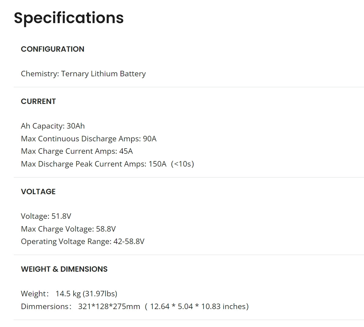 OKCell 14S 51.8V 30Ah 30000mAh 3C Drone Battery, OKCell 14S battery for industrial and agriculture drones has 30Ah capacity, max discharge current, and operating voltage range.