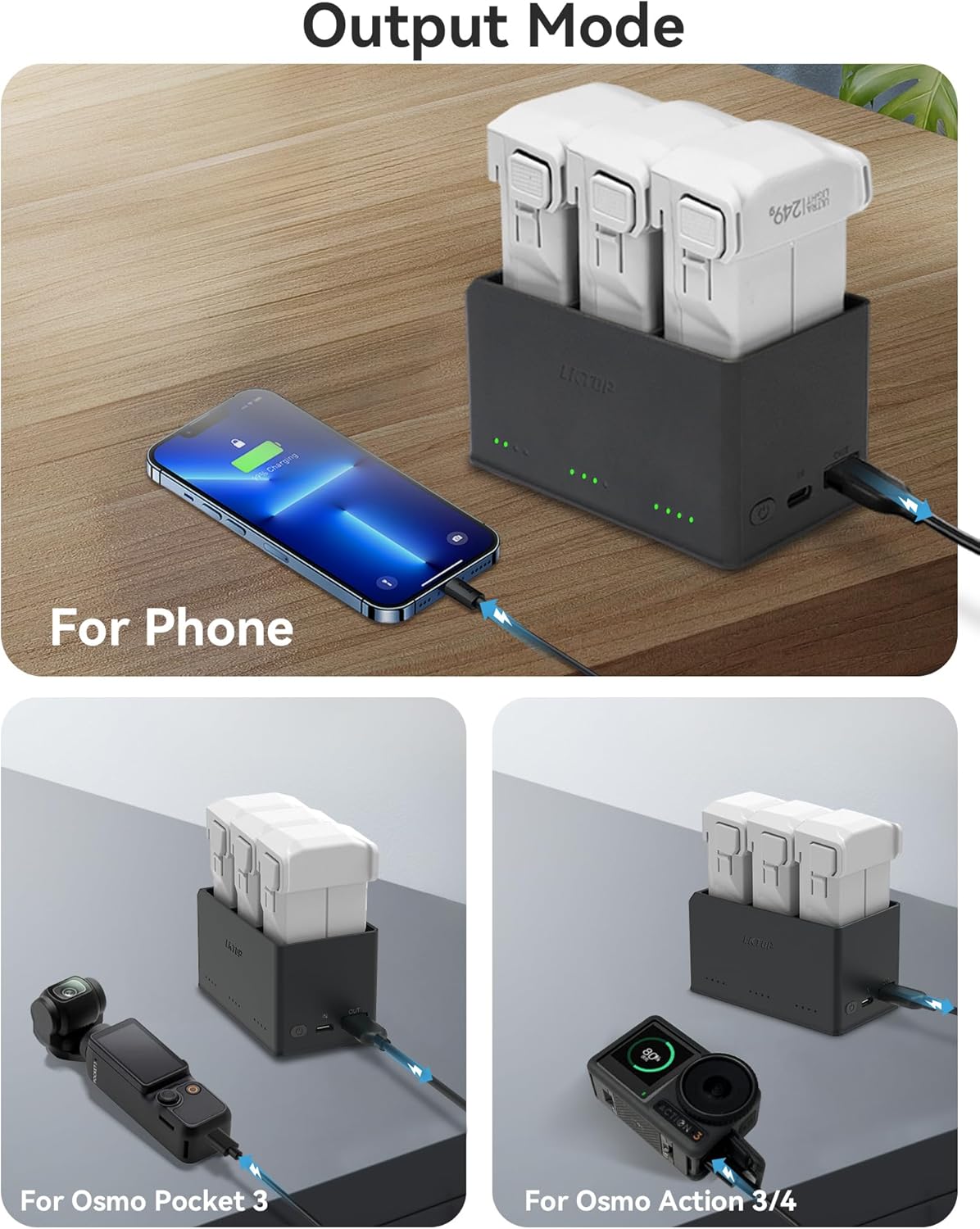LKTOP hub charges phones, Osmo Pocket 3, Action 3/4 via output mode.