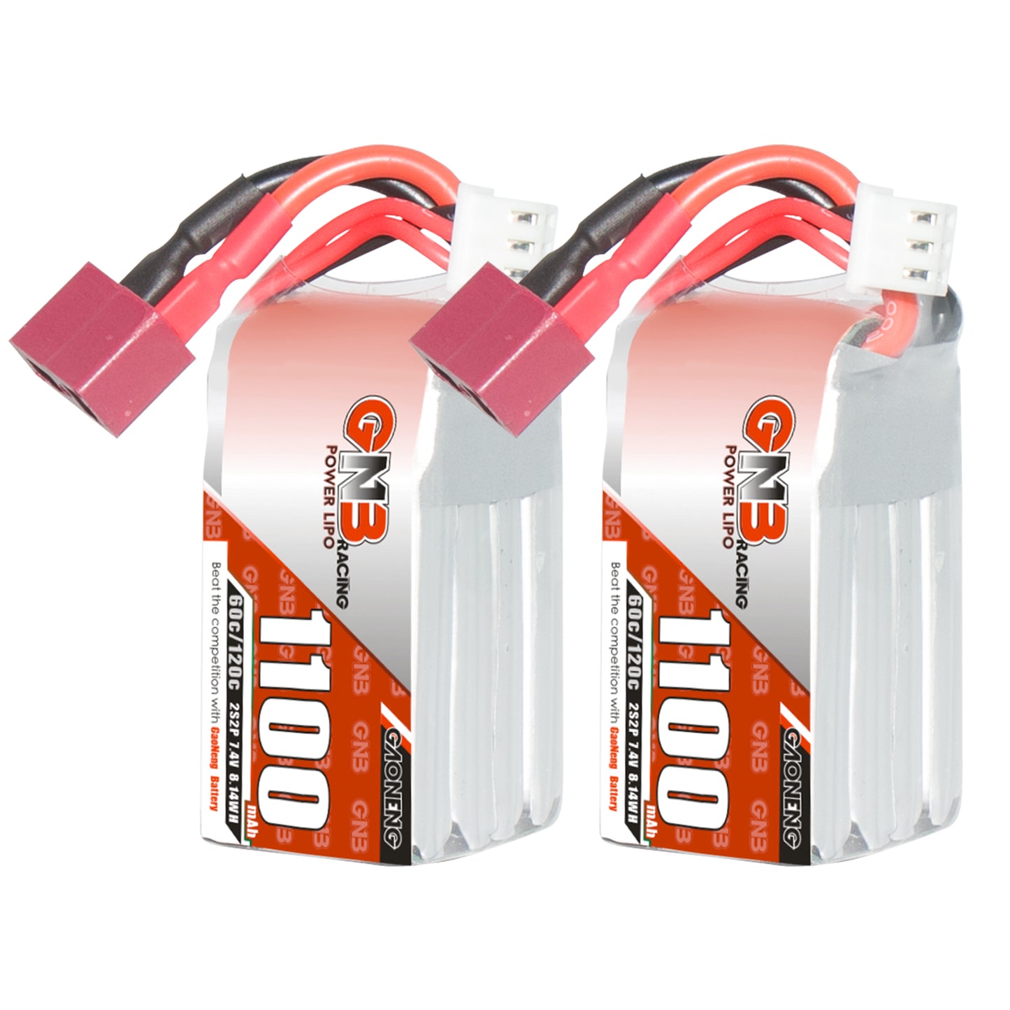 GAONENG GNB1100 2S 7.4V 1100mAh 60C LiPo battery twin pack with T-plug and balance lead
