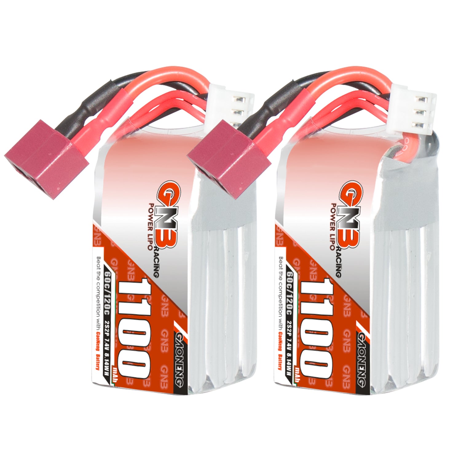 GAONENG GNB1100 2S 7.4V 1100mAh 60C LiPo battery twin pack with T-plug and balance lead