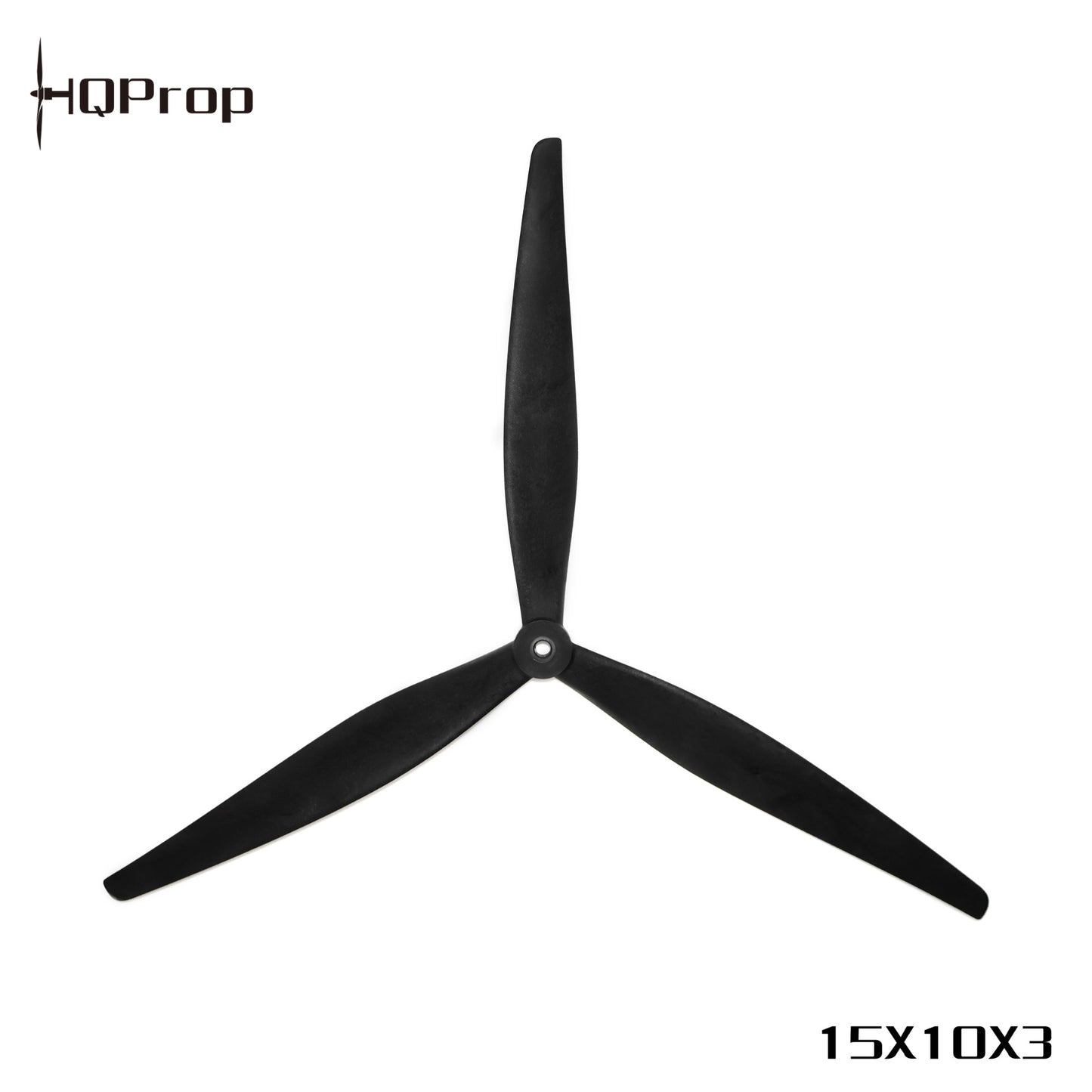 Black 3-blade prop with HQProp logo and 15x10x3 size text, front view
