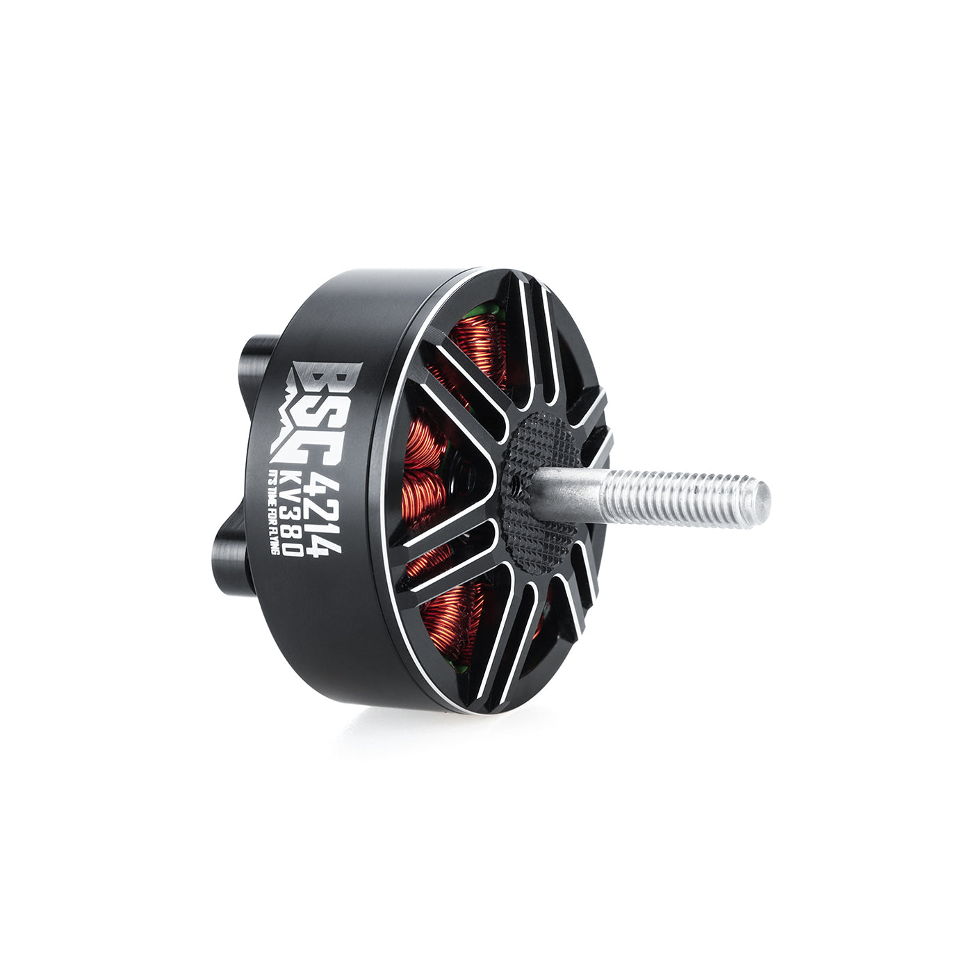 MAD BSC4214 380KV FPV Drone Motor, MAD BSC4214 380KV FPV drone brushless motor with black housing, exposed copper windings, and threaded shaft