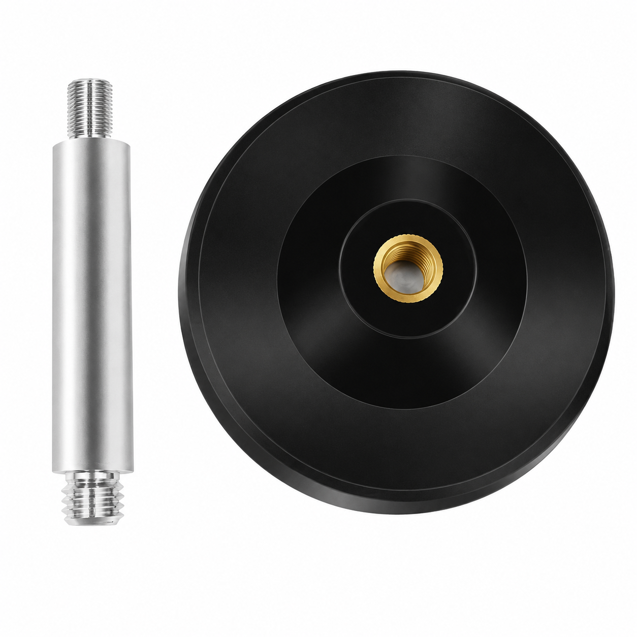 Round magnetic base underside with brass threaded insert, shown with double-ended threaded adapter stud