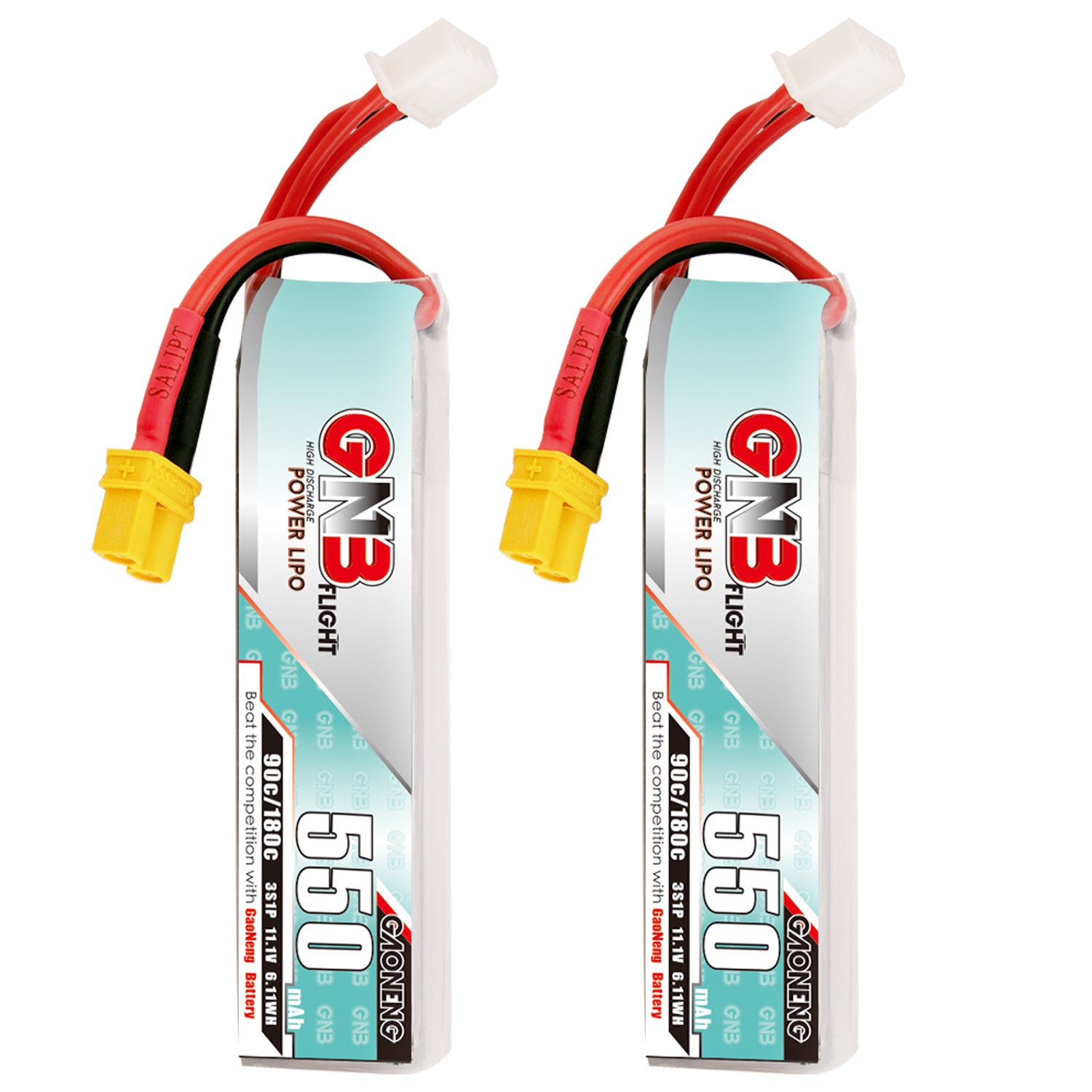GAONENG GNB5503S90A 3S 11.1V 550mAh 90C LiPo battery long type with XT30 connector, 2-pack