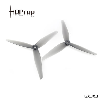 HQProp 6X3X3 poly carbonate propeller set, gray 3-blade pair with HQProp logo on white