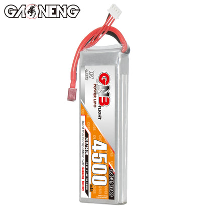 Side profile of GNB 4500mAh HV LiPo pack showing wire exit, T-plug lead and balance connector