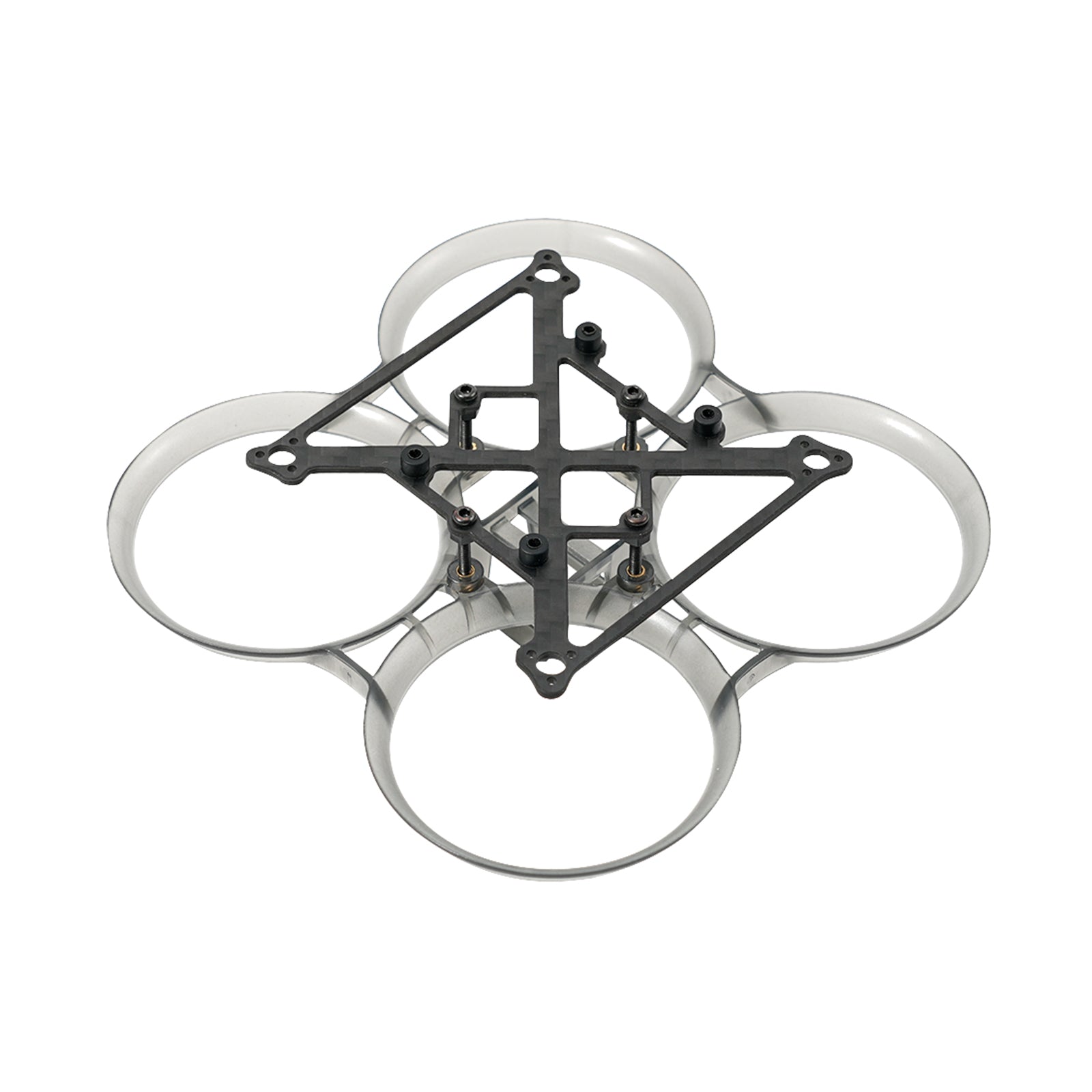 Pavo Pico whoop frame top view, clear ducts with carbon top plate and standoffs
