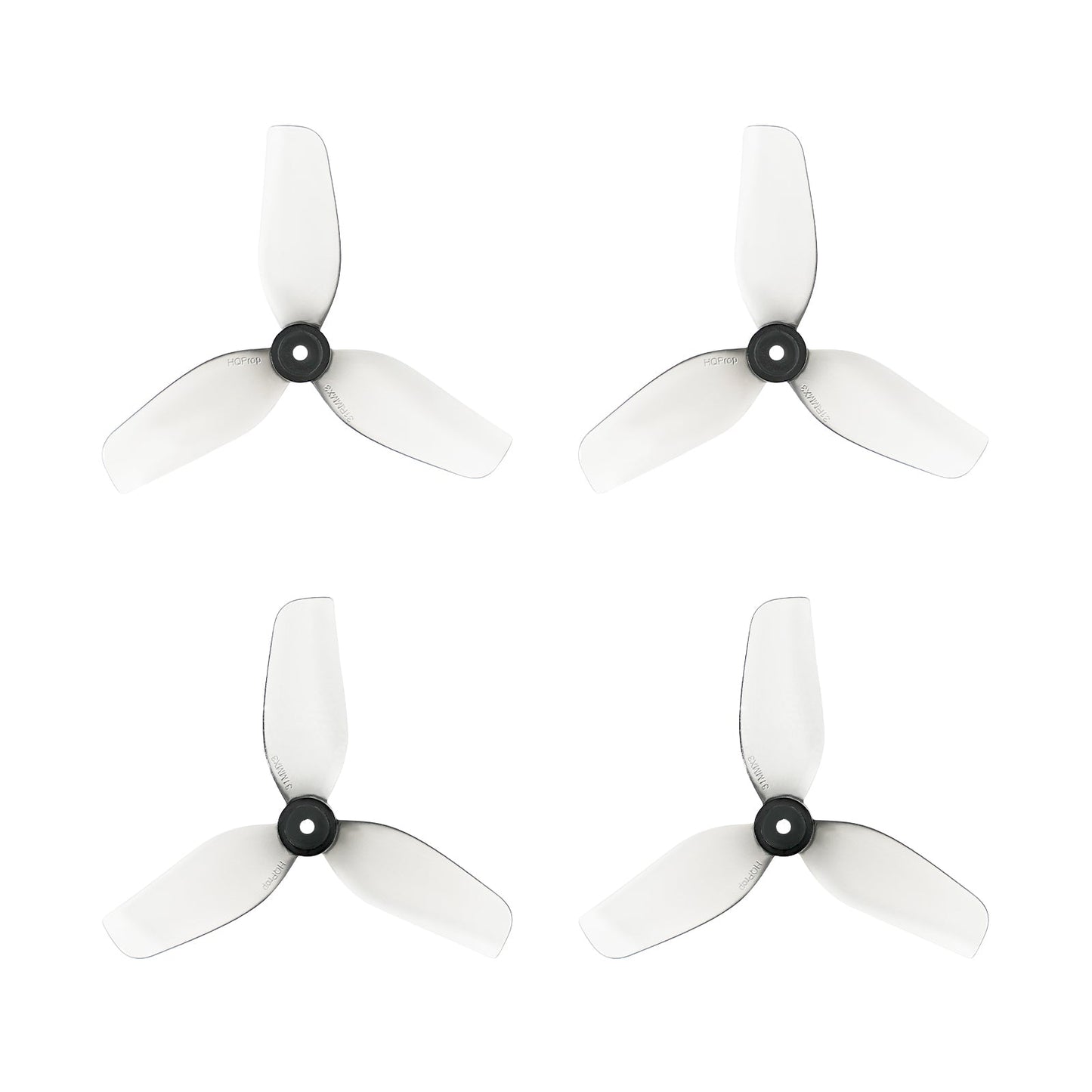 Translucent clear 3-blade micro drone propellers with black hubs, set of four