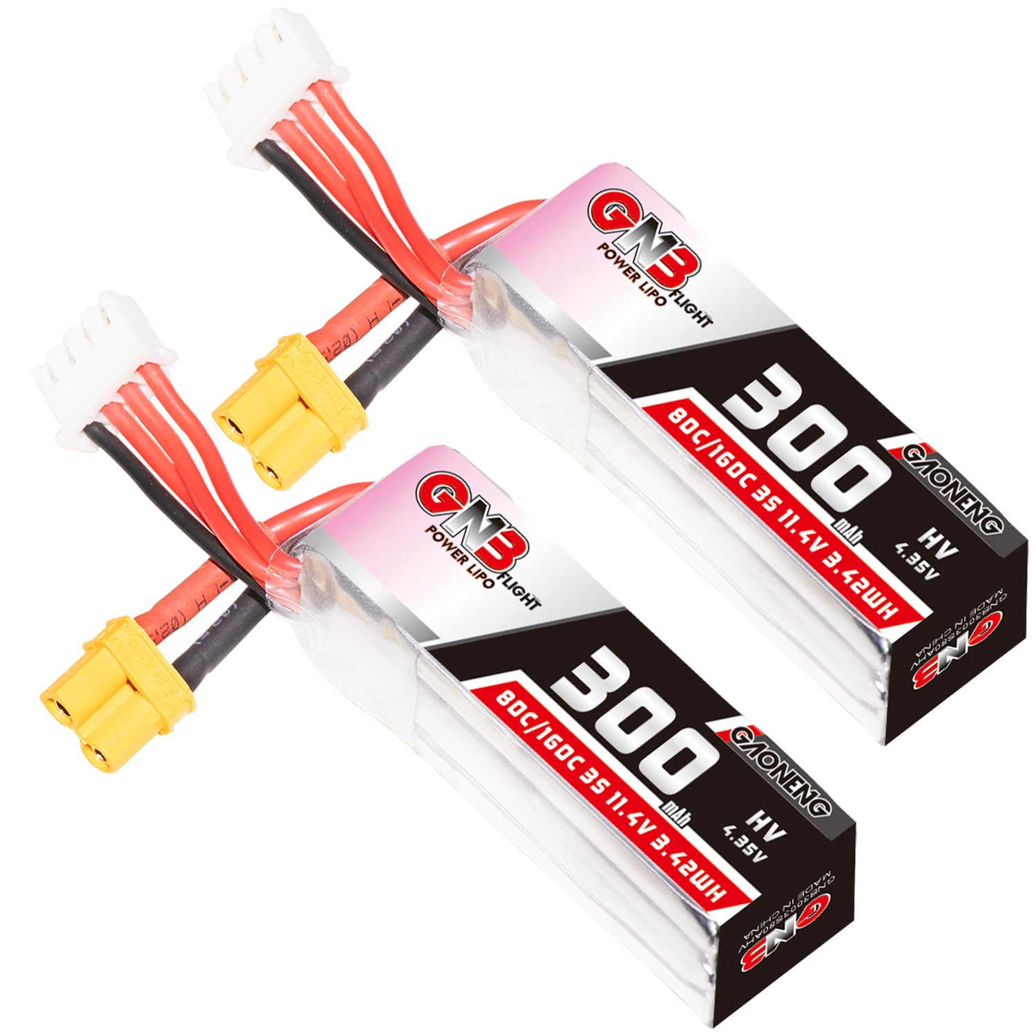 GAONENG GNB3003S80AHV 3S 11.4V 300mAh 80C LiHV LiPo batteries with XT30 and balance leads (2 pcs)