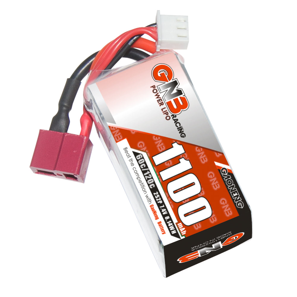 Single GNB1100 2S 7.4V 1100mAh 60C LiPo battery angled view with T-plug connector and balance plug