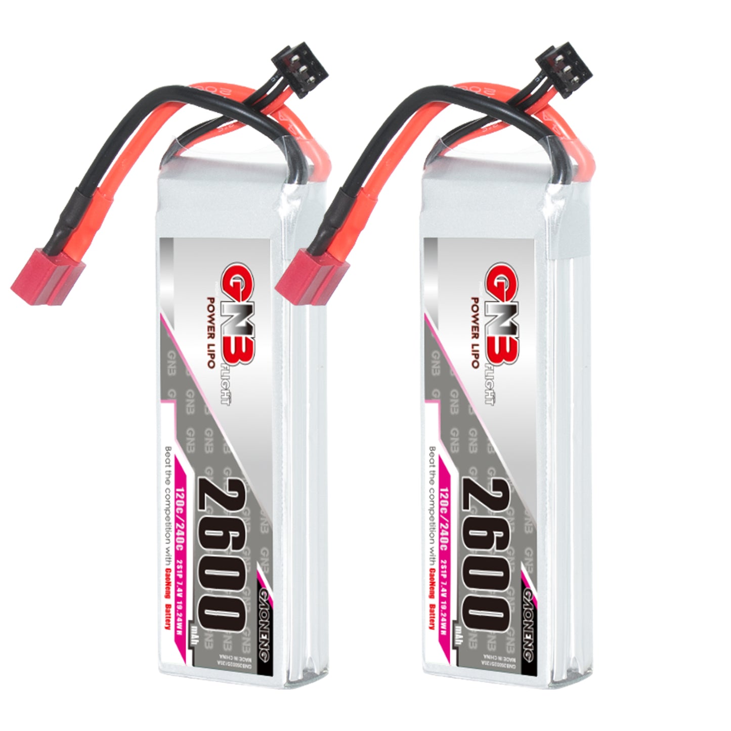 GAONENG GNB 2S 7.4V 2600mAh 120C LiPo Battery pair with T-plug and balance lead front view