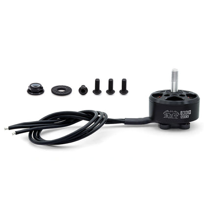 BAT B3010 brushless motor with long lead wires, prop hardware, washer, and mounting screws