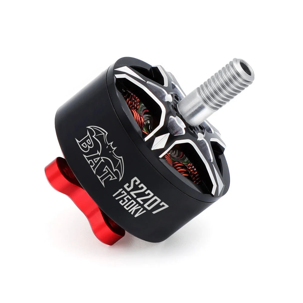 Angled view of BAT S2207 1750KV motor showing the threaded shaft and red base