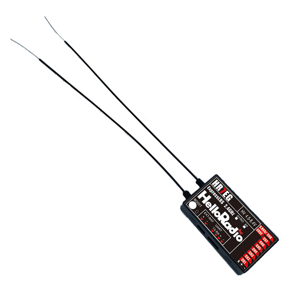 HelloRadioSky HR7EG ExpressLRS 2.4GHz receiver with dual antennas, compact module on white background