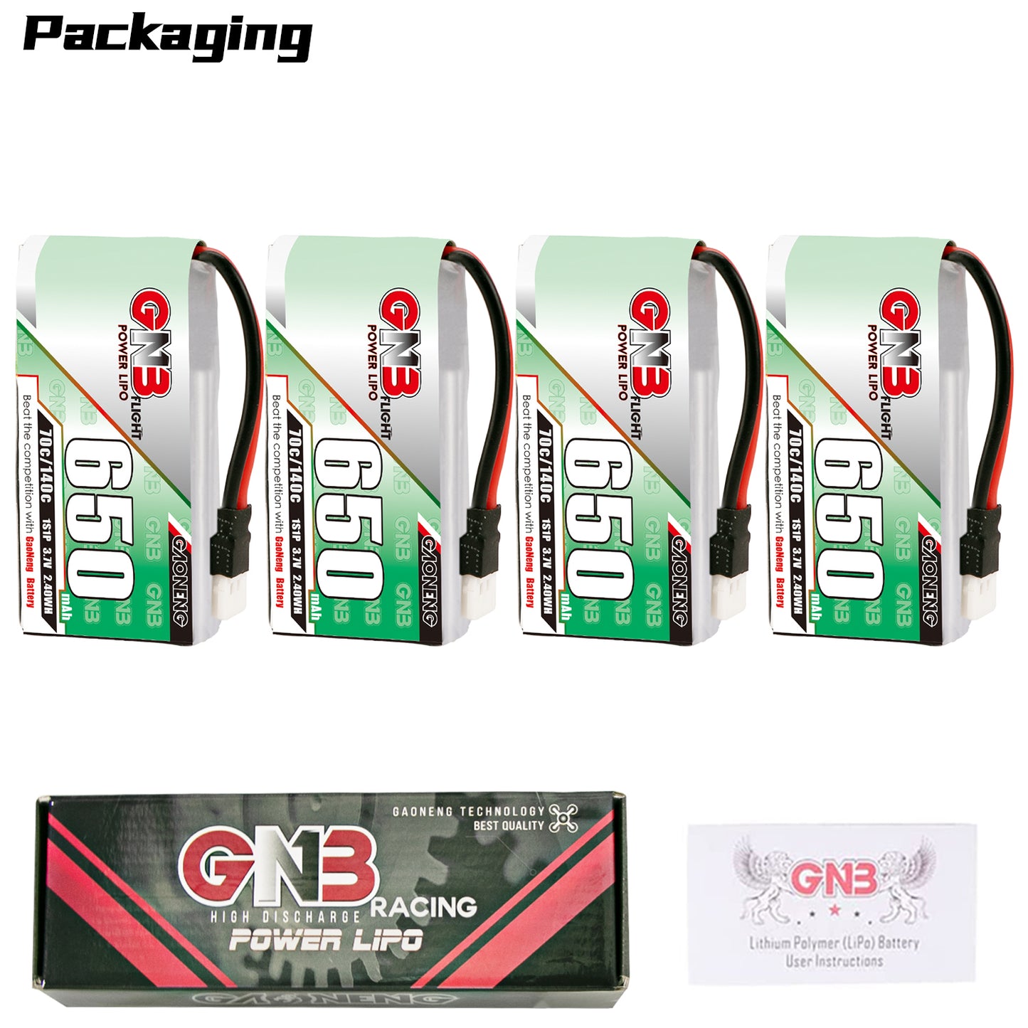 Packaging contents: 4x GNB 650 batteries plus GN3 Racing Power LiPo box and user instructions card