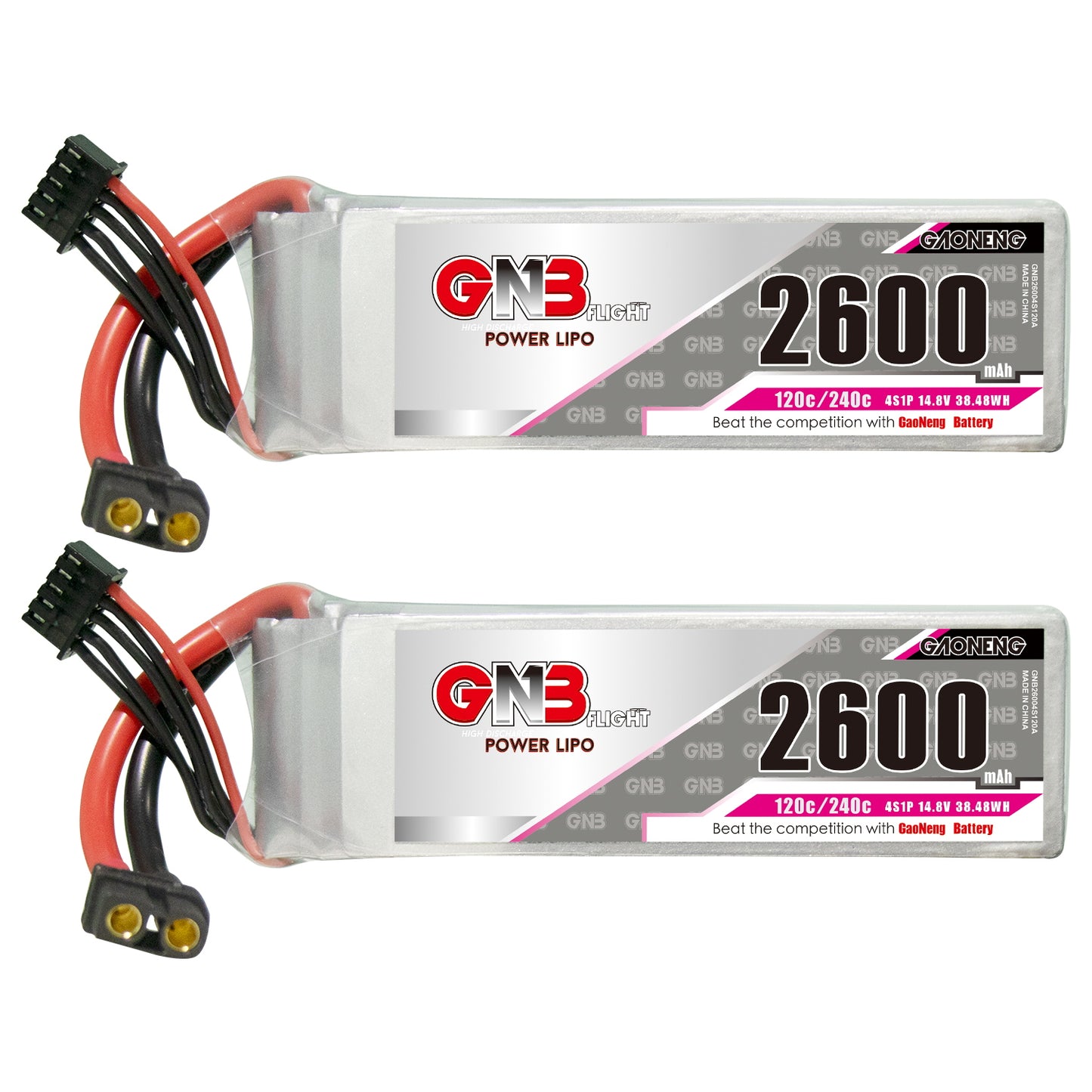 Two GNB 2600mAh 4S LiPo batteries shown side by side with XT60 connectors, label view