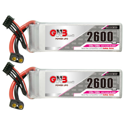 Two GNB 2600mAh 4S LiPo batteries shown side by side with XT60 connectors, label view