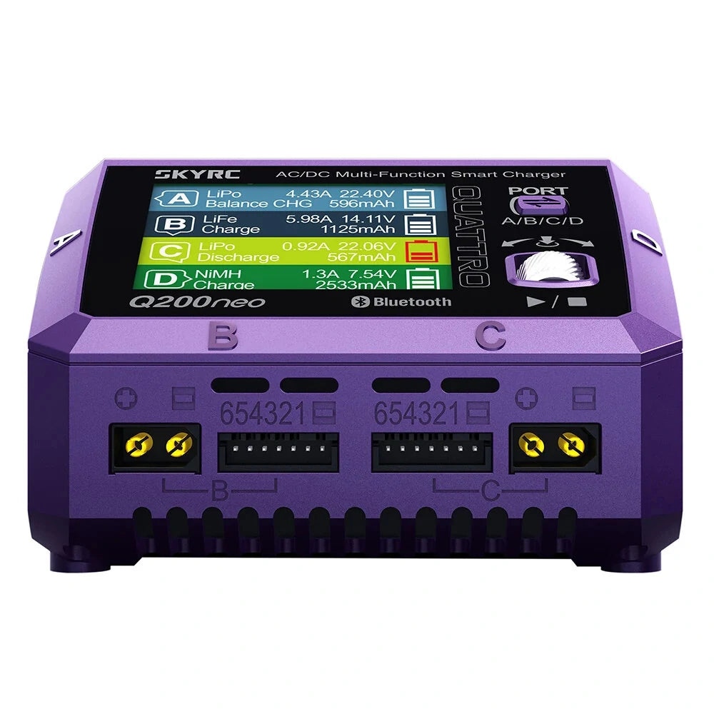 SkyRC Q200neo 4-port AC/DC smart battery charger with color screen, Bluetooth icon, and front balance/output ports