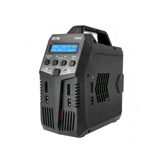 SkyRC T400Q AC/DC 4-Port 100W x4 Balance Charger, SkyRC T400Q AC/DC 4-port balance charger with carry handle, backlit LCD screen, and front control buttons