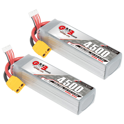 Two GNB 4500mAh LiPo battery packs shown together with yellow XT90 connectors