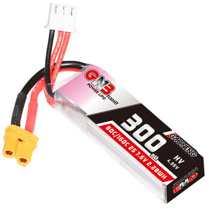 Single GNB300 2S 7.6V 300mAh LiHV battery close-up showing XT30 connector, balance lead, and label