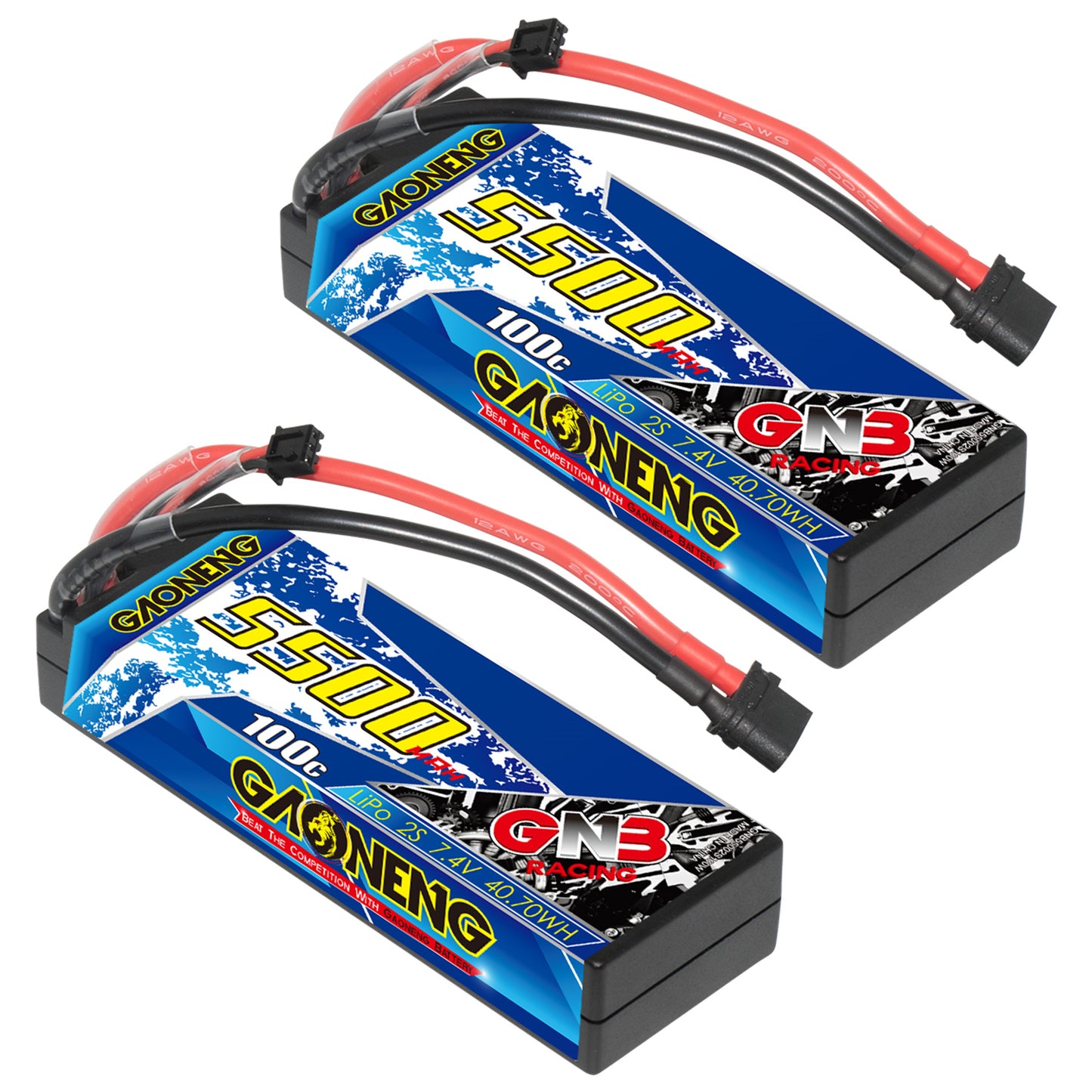 Two GAONENG GNB 5500mAh 100C hard case LiPo batteries shown with attached leads