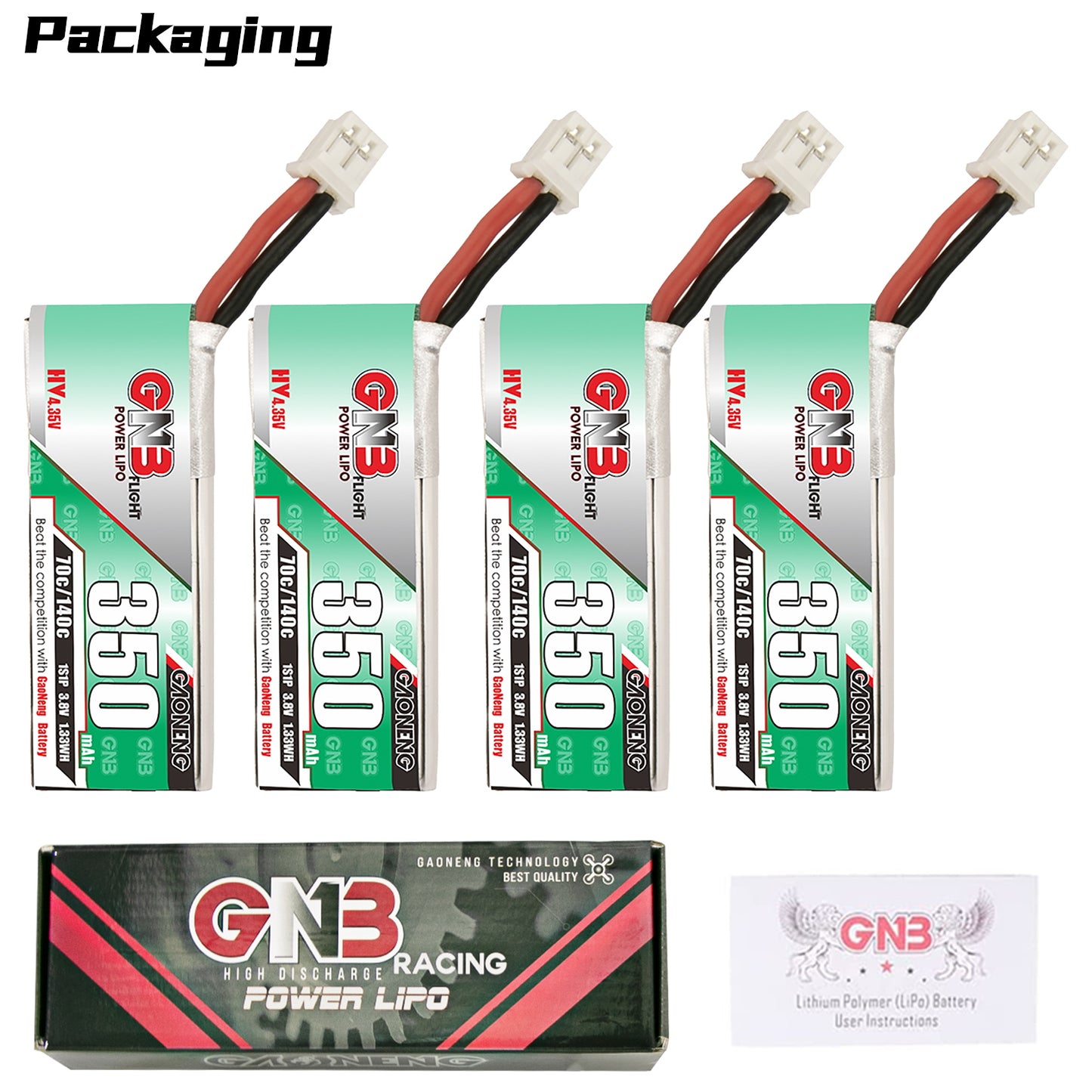 Packaging contents shown: multiple GNB 350 batteries, GNB Racing Power LiPo box, manual