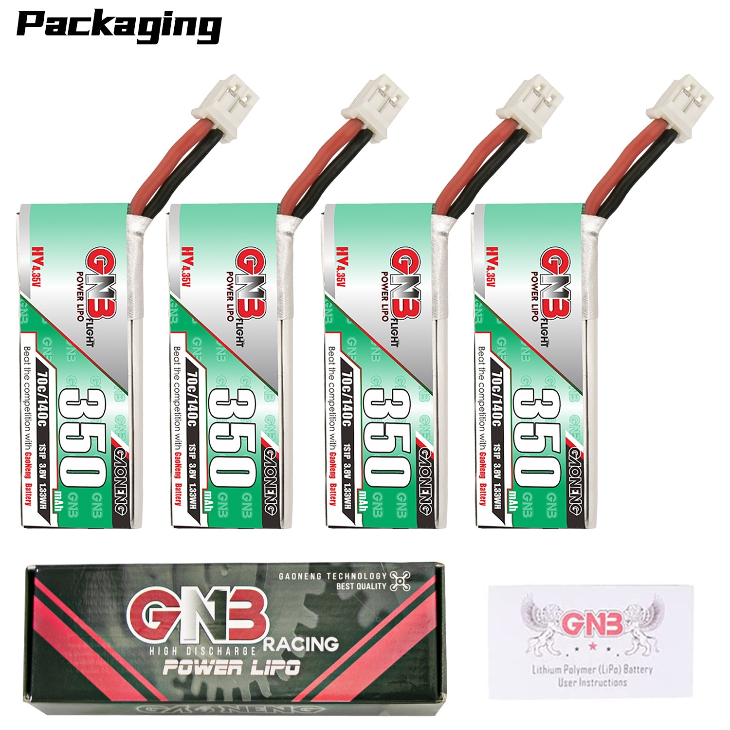 Packaging contents shown: multiple GNB 350 batteries, GNB Racing Power LiPo box, manual