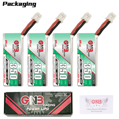 Packaging contents shown: multiple GNB 350 batteries, GNB Racing Power LiPo box, manual