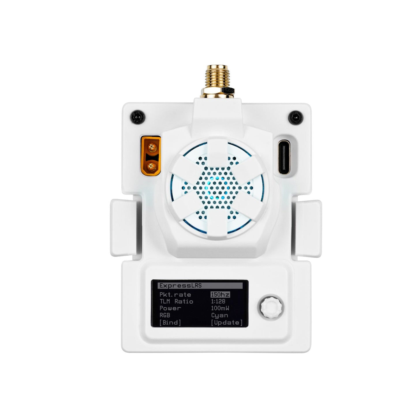 White ExpressLRS micro TX module front view with OLED display menu, USB-C port and SMA antenna connector