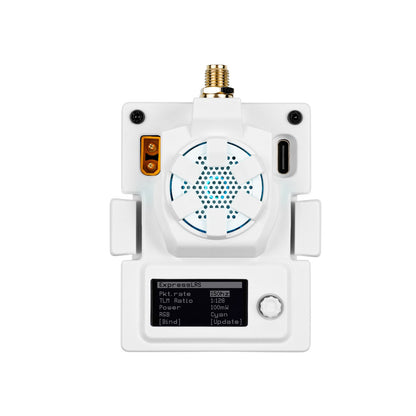 White ExpressLRS micro TX module front view with OLED display menu, USB-C port and SMA antenna connector