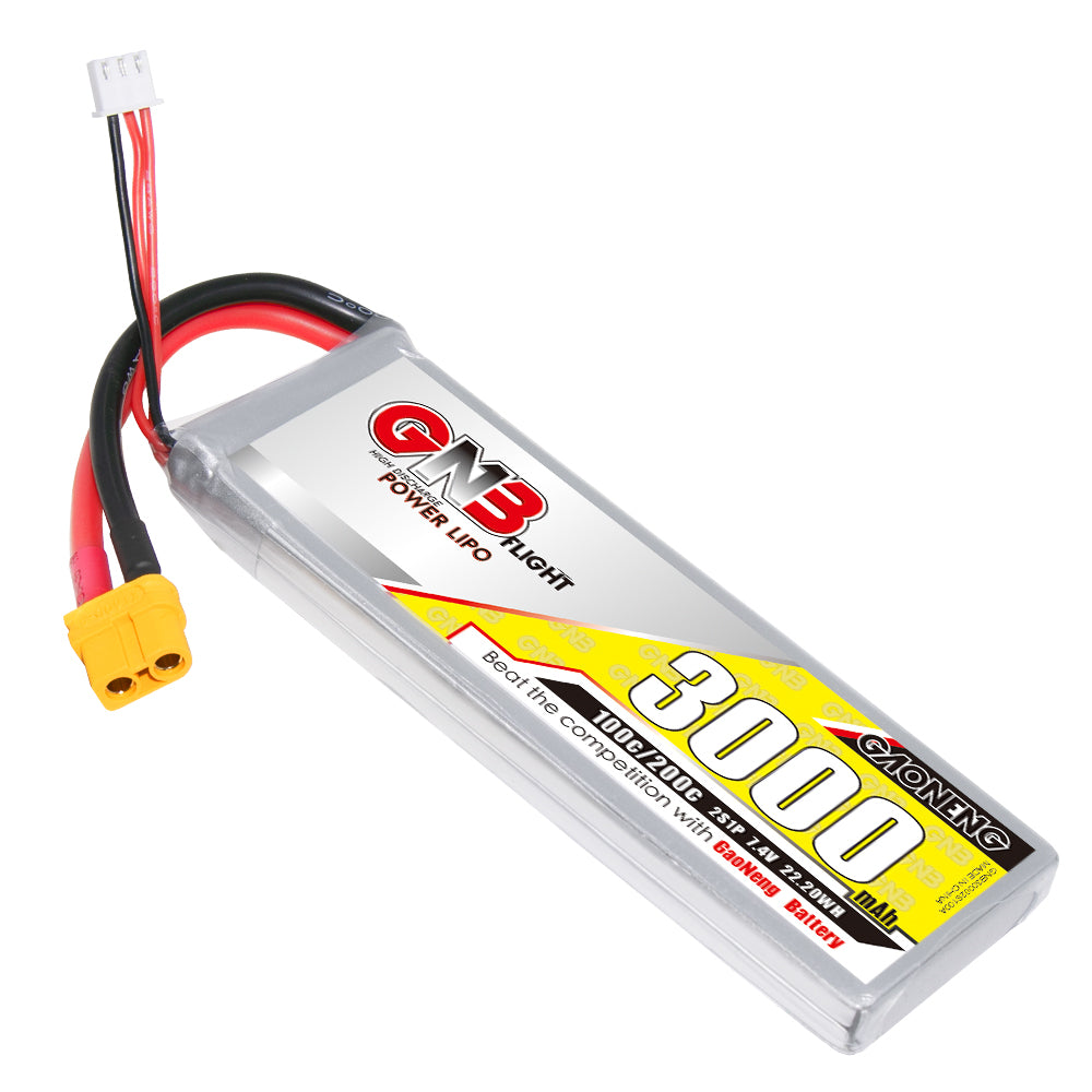 GAONENG GNB 2S 7.4V 3000mAh 100C LiPo Battery angled main view with XT60 plug and balance lead