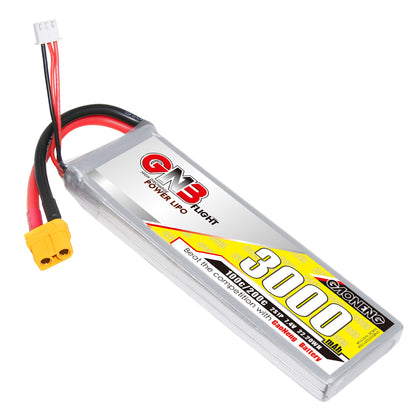 GAONENG GNB 2S 7.4V 3000mAh 100C LiPo Battery angled main view with XT60 plug and balance lead