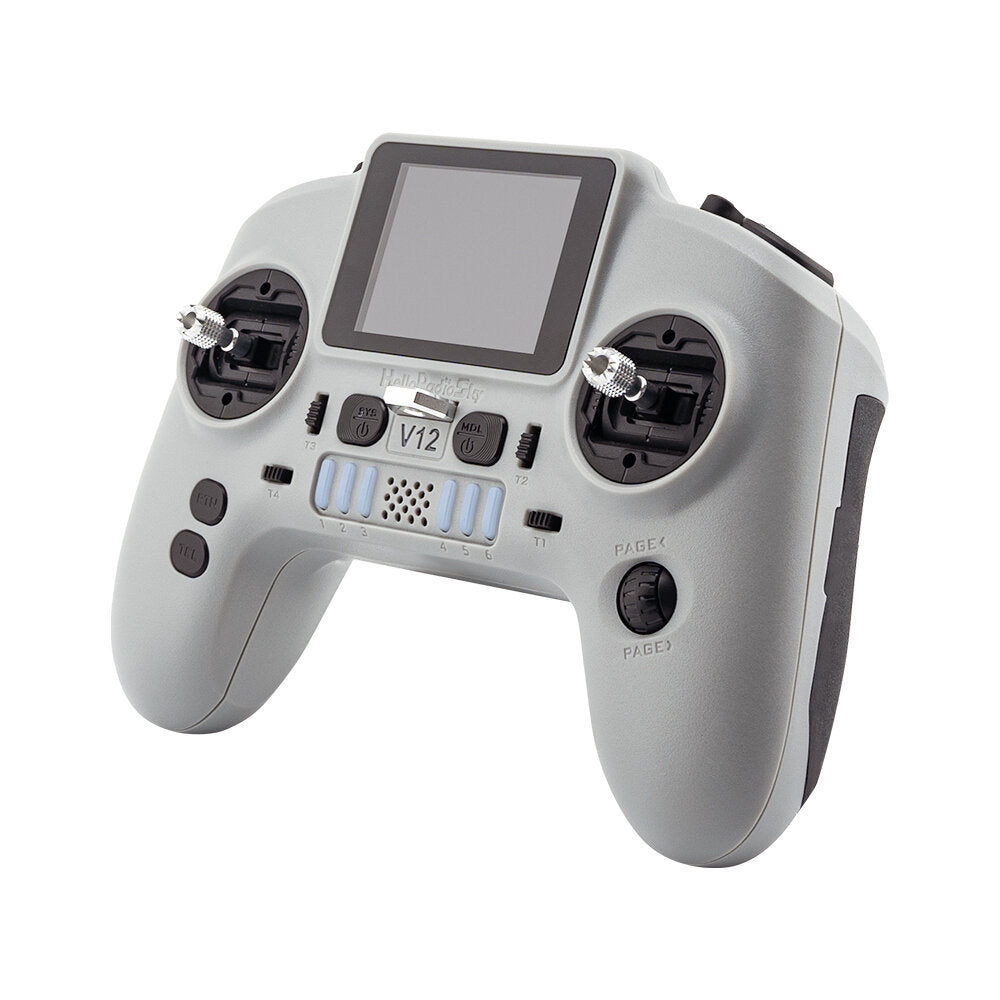 Angled front view of HelloRadioSky V12 transmitter showing screen bezel, dual gimbals, and front buttons